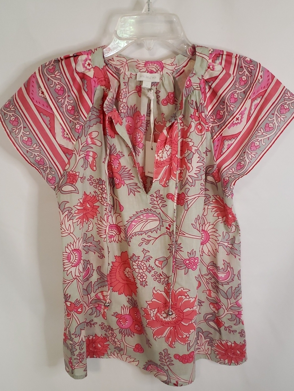 Jennifer & Grace Pale Mint Green/Pink Floral Tie-Neck Cap Sleeve Top